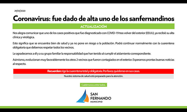 Coronavirus: ya fue dado de alta uno de los casos positivos de San Fernando