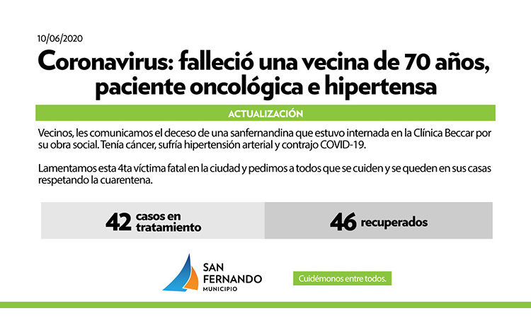 Coronavirus: falleció una vecina de San Fernando que tenía 70 años y era paciente oncológica
