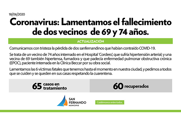 Coronavirus: fallecieron dos vecinos de San Fernando, de 69 y 74 años
